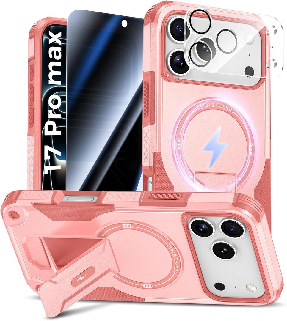 Goton for iPhone 17 Pro Max Case with Privacy Tempered Glass Screen Protector & Camera Lens Protector, Compatible with MagSafe, Invisible Kickstand, Shockproof Phone Cover, Pink
