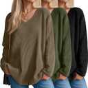 3 Pack Women's Oversized Waffle Knit Shirts, V Neck Long Sleeve Top Fall Casual Sweatshirt for Women (X-Large, Black, Army Green, Coffee)