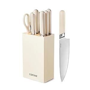 CAROTE 8PCS Kitchen Knife Bock Set, Stainless Steel Razor-Sharp Blade, Essential Knife Set with Block, Dishwasher Safe