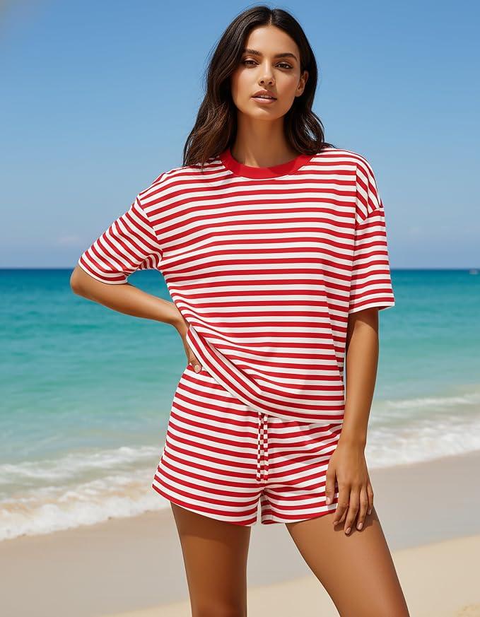 Women's 2 Piece Striped Lounge Set Wide Leg Shorts Pajamas Set Crew Neck Short Sleeve T-Shirt, Summer Two Piece Matching Outfits, Loungewear Medium