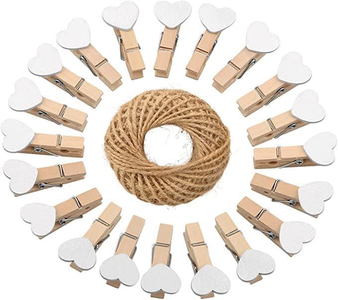 jijAcraft 100Pcs Clothespins with String, 1.4Inch Wooden Clothes Pins with Heart, White Heart Clips, Mini Photo Clips with 98Ft Jute Twine, Craft Clips for Baby Shower, Wedding, Birthday