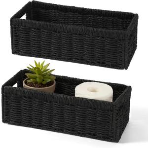 Paper Rope Storage Basket for Organizing, Set of 2 Foldable Wicker Storage Baskets with Handle,Decorative Large Storage Bins for Bathroom Countertop,Small Toilet Paper Basket for Toilet Tank Top,14.17"D x 6.1"W x 4.72"H