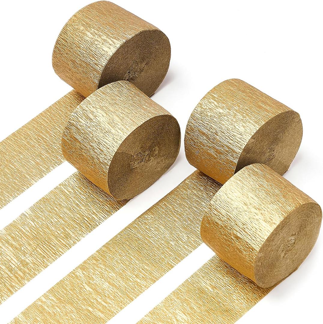 PartyWoo Gold Crepe Paper Streamers 4pcs 328ft Pack of Gold Crepe Paper for Wedding Birthday Baby Shower Engagement Anniversary New Year Eve Graduation Party Decorations(1.8 Inchx82 Ft/Roll)