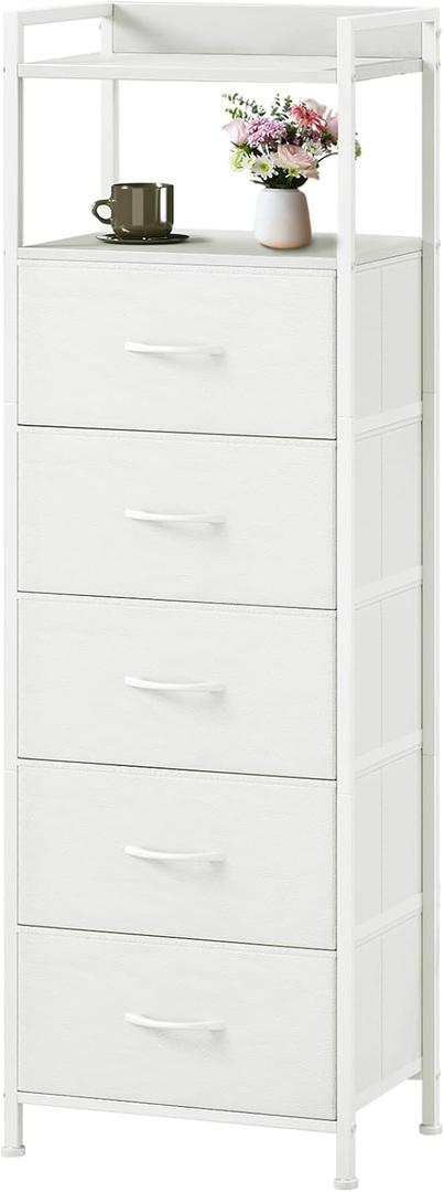 Somdot White Tall Night Stand for Bedroom,Tall 5 Drawers Dresser, Vertical Storage Tower Unit, Nightstand Furniture with Fabric Drawer Organizer in Bedside Kids Dorm Room Closet Laundry Entryway