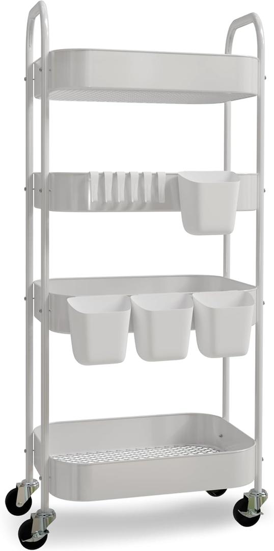 4-Tier Metal Rolling Cart with Wheels, Storage Utility Organizer Cart for Kitchen, Bathroom, Office, Baby Essentials & Makeup - Lockable Casters, Easy Assembly, Large Capacity, White