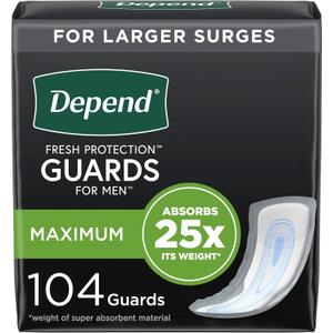 Depend Incontinence Guards/Incontinence Pads for Men/Bladder Control Pads, Maximum Absorbency, 104 Count (2 Packs of 52), Packaging May Vary