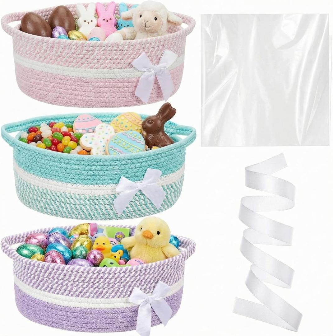3 Pack Easter Small Bow Woven Basket Empty with Handles Gift Bags and Ribbon 12" x 8" x 5" Gift Baskets to Fill Storage Box Pet Toy Wedding Presents Birthday(Pastel)