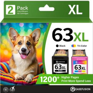 EaseFusion 63XL Ink Cartridges Black and Color Combo Pack Replacement for HP Ink 63 HP63 HP63XL Compatible with HP OfficeJet 3830 4650 5255 5258 4655 5200 Envy 4520 4512 DeskJet 3637 3630 1112 Printer