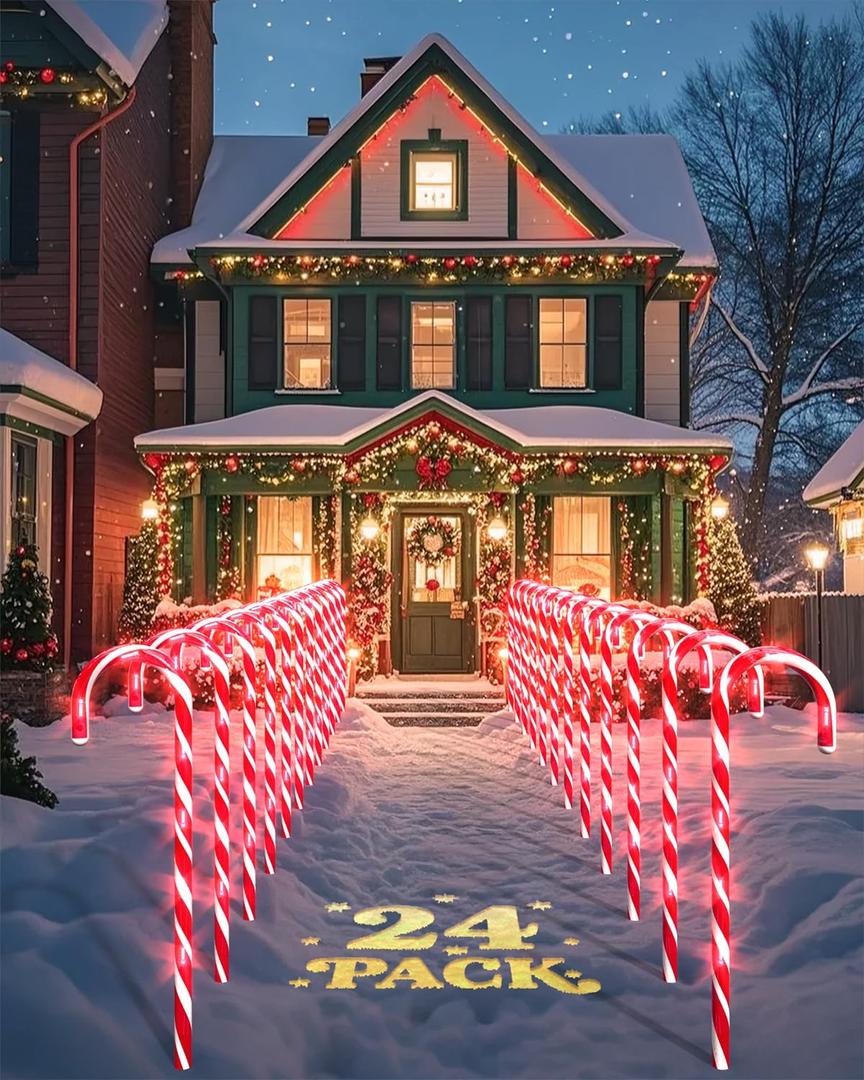 COOLWUFAN 24 Pack 22'' Christmas Candy Cane Pathway Markers, Christmas Outdoor Decorations Pathway Lights with 144 Warm Lights for Christmas Holiday Party Walkway Patio Garden Yard Lawn Decor