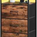 Somdot Tall Nightstand with Charging Station and LED Light for Bedroom, 3 Drawers Dresser with Fabric Bins for Bedside Kids Dorm Room Closet Laundry Entryway, Wood Grain Print