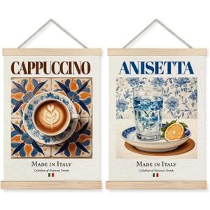 Yomisex Italy Cappuccino Anisetta Wall Art Poster, Traditional Italian Drinks on Maiolica Tiles Canvas Prints Wall Art Framed for Kitchen Coffee and Wine Bar Decor, 12x16 Inch Set of 2