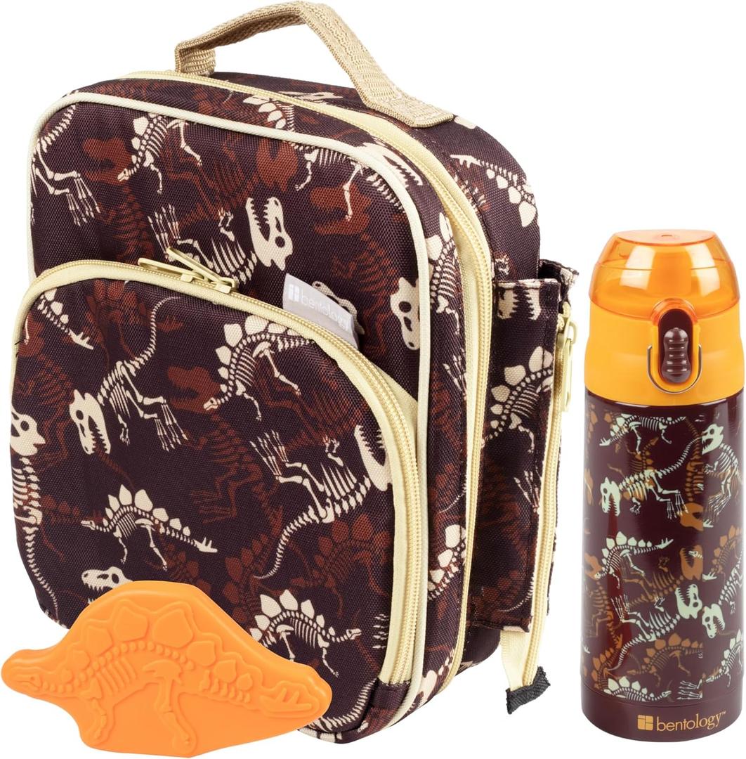 Bentology Insulated Lunchbox Kit w Reusable Stainless Steel Water Bottle & Freezer Hard Ice Pack- Kids Mini Cooler Thermal Tote, Easy to Clean Water-Resistant Bag- Back to School Work Picnic Essential (Dino)