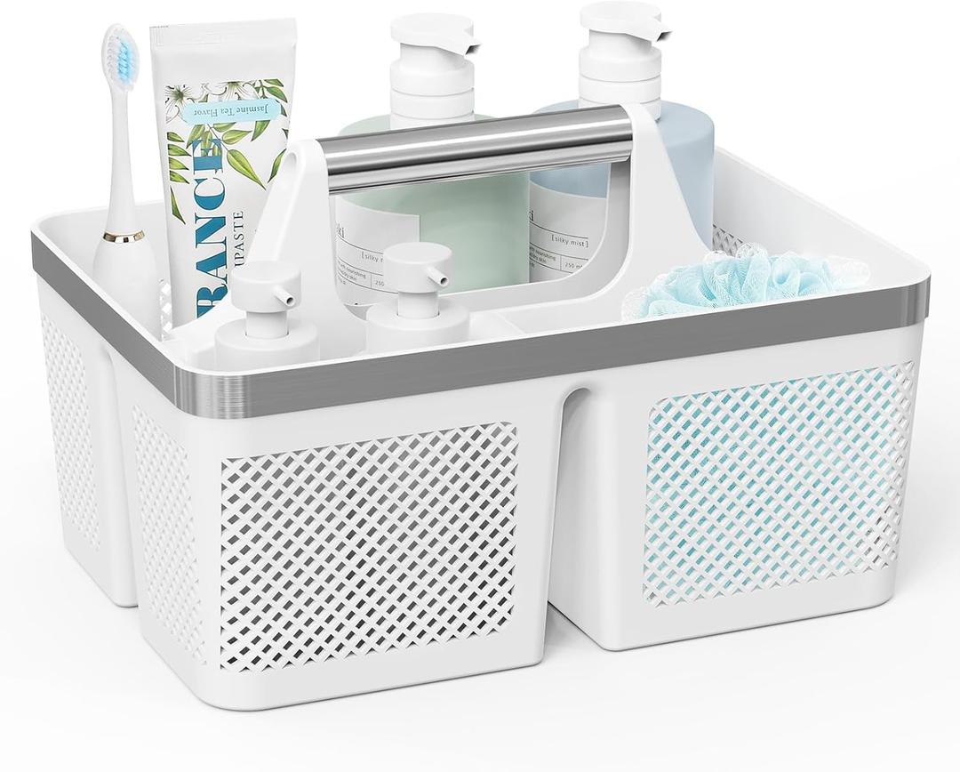 BYUNER Plastic Shower Caddy Dorm: Portable Bathroom Caddy Organizer with Handle and Holes, Cleaning Basket, Hard Shower Basket Storage Tote for Toiletry, College Dorm Room Essentials White/Silver