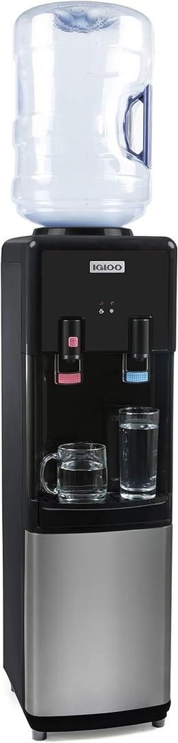Igloo Top Loading Water Cooler  Hot & Cold Dispenser  Black & Stainless Steel, Holds 3 & 5 Gallon Jugs, Child Safety Lock  for Homes, Kitchens, Offices, Dorms