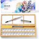 Fuumuui Watercolor Palette Box, Burlywood Palette Kit with Cover, 24 Empty Removable Half-pan Grids, Dual Tip Travel Brushes, for Watercolor Gouache Color Mixing, Pure White Palette for Painting