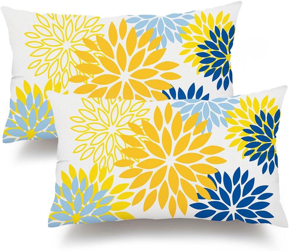 DFXSZ Yellow Blue Flower Pillow Covers 12x20 Inch Set of 2 Outdoor Throw Pillows Outdoor Waterproof Decor for Living Room Sofa Patio Funiture Garden Floral Polyester Pillow Covers 002J12