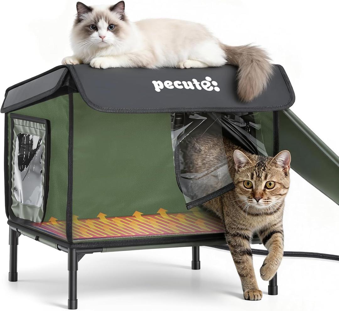 Pecute Heated Outdoor Cat House with Heating Pad - Weatherproof Insulated Winter Shelter for Outside Feral Cats, Cathouse with 2 Exits, Reinforced Metal Frame, Expanded Canopy for Porch Garage Barn (Small)