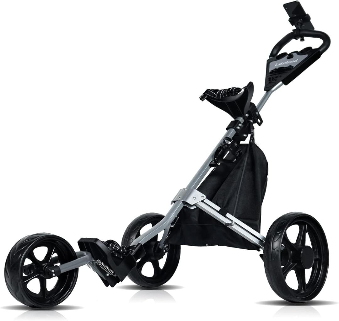 Lakehood Golf Push Cart, Golf Pull Cart for Golf Clubs and Golf Bag, Golf Push Carts Three Wheel Easy to Folding Scorecard Holder with Mobile Phone Holder Storage Bag Golf Carts (Black)