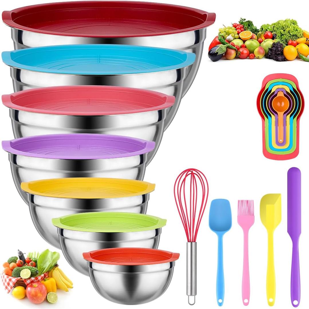 Mixing Bowls with Lids for Kitchen - 26 PCS Stainless Steel Nesting Colorful Mixing Bowls Set for Baking, Mixing, Serving & Prepping, Size 5, 3.7, 2.8, 2.3, 1.7, 1.1, 0.7QT,11 Cooking Utensils (Multicolor)