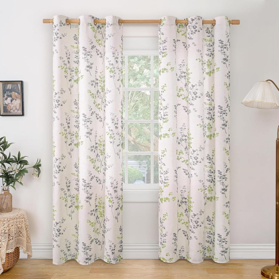 BGment Linen Curtains for Living Room 84 Inch Length 2 Panels Set Floral Leaf Patterns, Light Filtering Privacy Window Curtains for Bedroom Boho Farmhouse Vintage, Each 42 Inch Wide, Sage Green