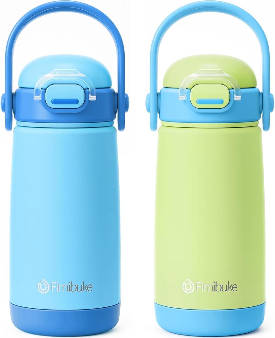 Fimibuke Kids Insulated Water Bottle with Straw Lid & Handle - 14oz BPA FREE 18/8 Stainless Steel Metal Tumbler Leak Proof Double Wall Vacuum Kids Cup Toddler Water Bottle for School Boys Girls (B4.Green & Blue)
