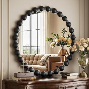 Round Mirror for Wall, 24 Inch Black Beaded Frame Decorative Vanity Mirror, Circle Bathroom Mirror with High-Definition Lense, Modern Wall Decor for Bathroom, Living Room, Bedroom, Entryway