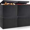 Large 22 Quart Linen Fabric Foldable Storage Bin Cube Organizer Basket with Flip-Top Lid & Handles, Clothes Blanket Box for Home, Office, Closet, Black, 4 Pack 14.6 x 9.5 x 9.5