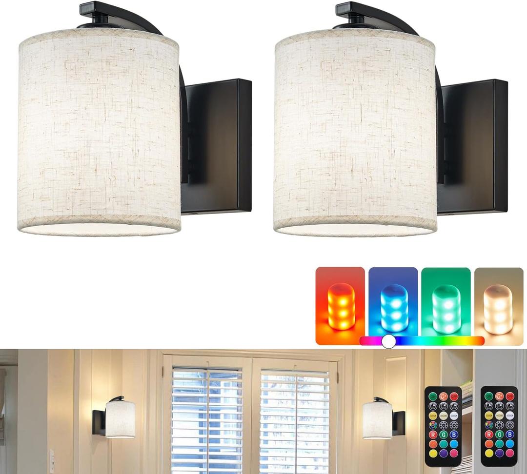 Battery Operated Wall Sconce Set of 2, Black Cordless Rechargeable Wall Sconces with Dimmable LED Bulb, 13 Colors Wall Lights for Bedroom Living Room Hallway