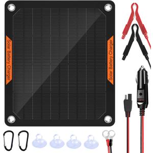 OYMSAE 5W 12V Solar Car Battery Charger Portable Waterproof Solar Power Battery Charger & maintainer with Trickle Cigarette Lighter Plug & Alligator Clip (Black)