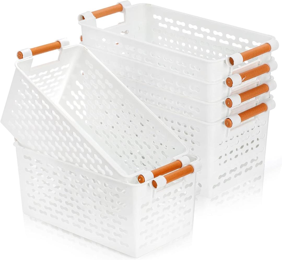 Yesland 6 Pack Plastic Storage Basket, White Organizing Bins Basket with Handles, Sturdy Plastic Closet Baskets Containers for CD, Small Closet Storage in Home Office - 12" x 6" x 5"