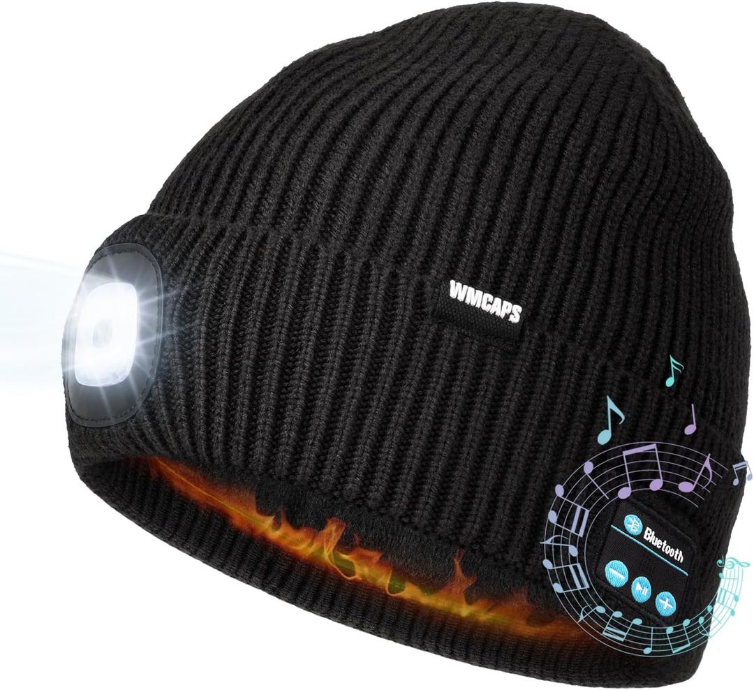 Wmcaps Fleece Lined Bluetooth LED Beanie, Winter Warm Hat with Light and Speaker Mic Cordless Headphones, Gifts for Men Dad (Black)