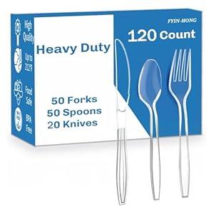 FYIN-HONG 120 Count Heavy Duty Plastic Silverware, Disposable Clear Plastic Utensils Set, 50 Forks, 50 Spoons, 20 Knives, BPA-Free, Heat Resistant; Cutlery Set for Party