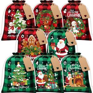 FLOE 24Pcs Burlap Christmas Drawstring Bags, 8x10in Buffalo Plaid Xmas Gift Bags w/Tag Xmas Candy Bag Medium Christmas Linen Treat Goody Sacks Reusable Gift Wrapping Bag for Holiday Party Favor (Red Black & Green Black)