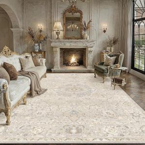 9x12 Beige Cream Washable Area Rug for Living Room Bedroom Neutral Floral Soft Low Pile Lightweight Throw Rug Non Slip Distressed Carpet Dining Room Nursery Classroom Playroom Home Decor