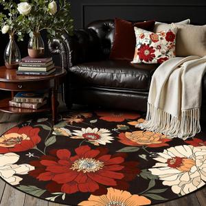 Jjinchan Lora Black Round Rug 5ft Vintage Floral Area Rugs for Entryway Washable Rug Soft Non-Slip Indoor Boho Flower Print Circle 5' Round Accent Carpet for Bedroom Living Room Dining Room Home Office