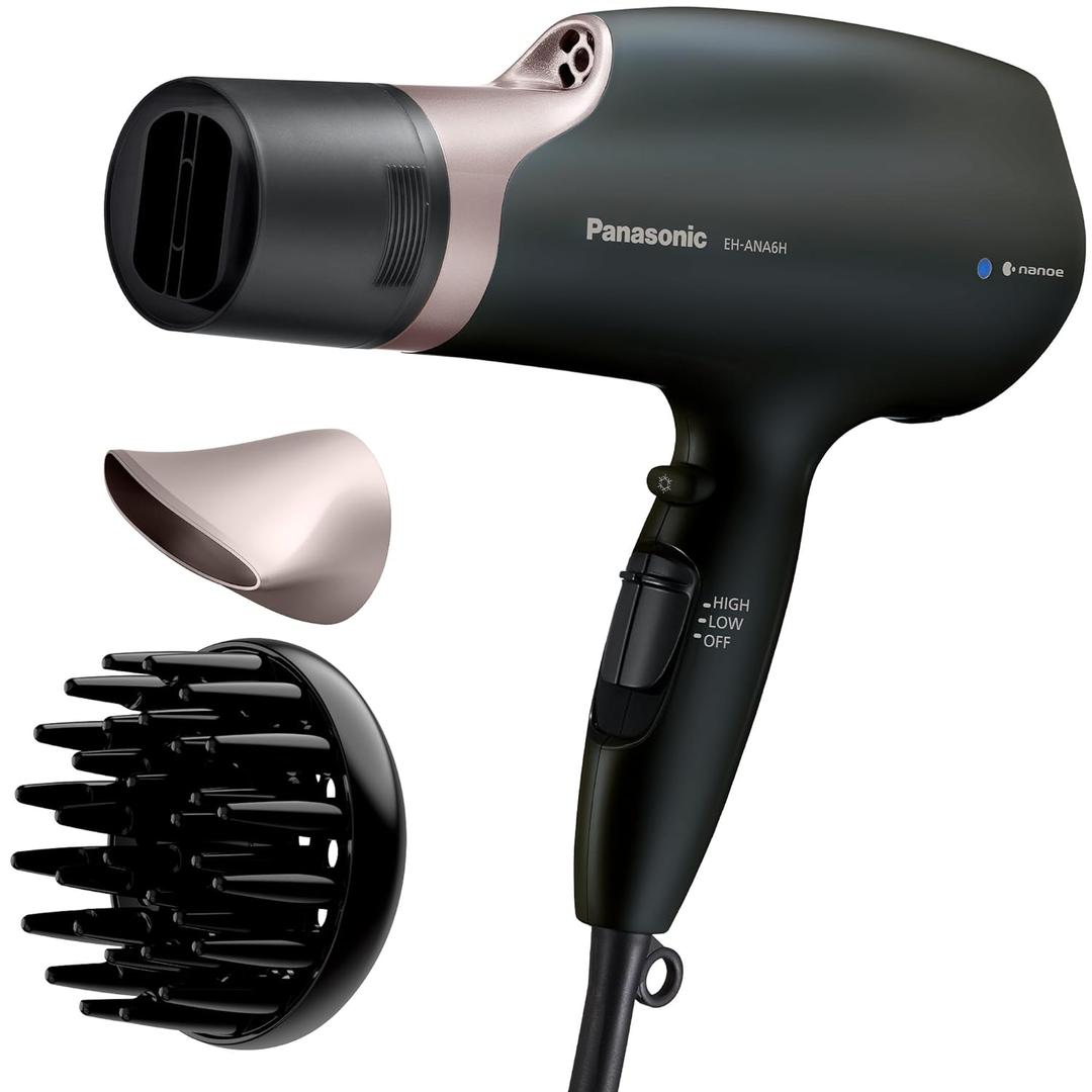Panasonic Nanoe Salon Hair Dryer, Oscillating QuickDry Nozzle, Blow Dryer with Diffuser, Concentrator Attachments, 3 Speed Heat Settings for Styling and Healthy Hair - EH-ANA6HN (Black/ Pink Gold) (4 Pieces Set)