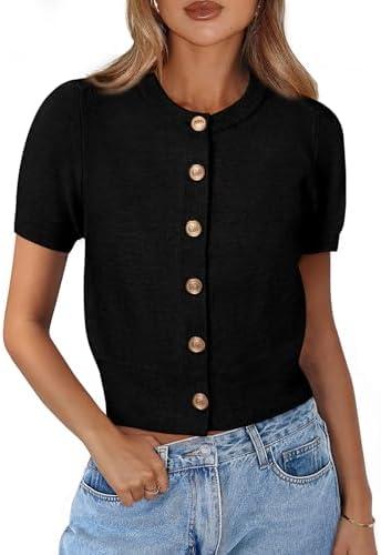 PRETTYGARDEN Womens Casual Summer Short Sleeve Cardigans 2026 Button Down Knitted Sweater Basic Crew Neck Crop Tops Small