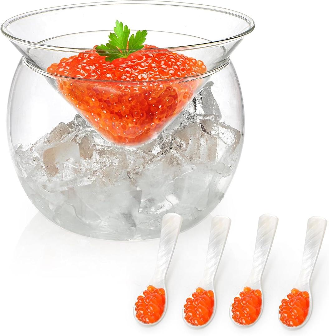 Jucoan Glass Caviar Serving Set with 4 Pcs Mother of Pearl Spoons, Caviar Dish Chiller Bowl, 8.5 oz Stemless Martini Glass with Chiller for Margaritas, Home Bar, Thanksgiving Christmas Gift for Men