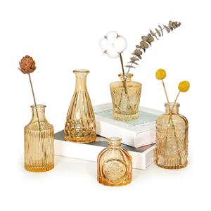 Glass Bud Vase Set of 5, Gold Amber Small Flower Vases for Centerpieces in Bulk, Mini Vintage Vase for Rustic Wedding, Home,Table Decoration
