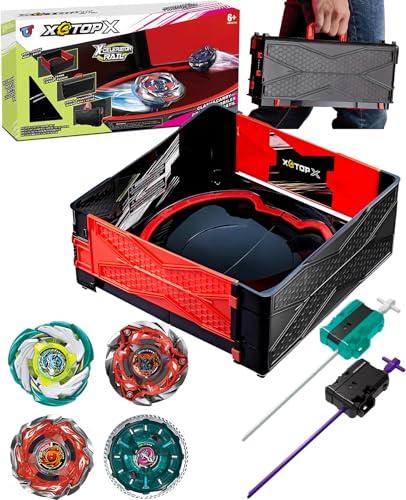 Desamvap ﻿Foldable Portable X Stadium Battle Arena Set, 4 Metal Fusion Attack Spinning-Top Toys with 2 Two-Way Launchers Combat Battling Game Toys Birthday Travel Gifts for Kids Ages 6+