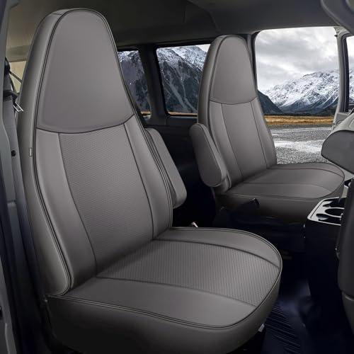 AOMSAZTO Car Seat Covers for Chevy Express Van Seat Covers 2010-2025 with Grab Handle Opening accessories Seats, NOT for RV, Artificial leather, Waterproof, Wear-resistant Custom Fit Faux Leather Grey