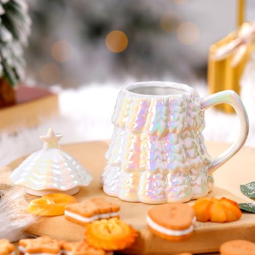 CHENGU Ceramic Christmas Tree Mug Christmas Tree Shaped Mug with Lid 10oz Xmas Coffee Cup Winter Holiday Drinkware Teacup Xmas Decor Winter Holiday Gift for Women Home Family Colleague (White)