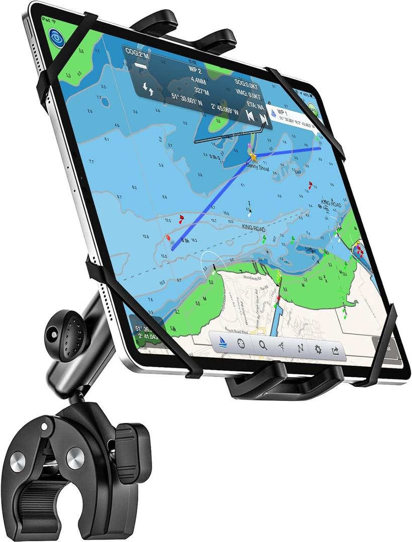 Boat Helm Tablet Mount, Marine Rail Tablet Holder with Aluminum Arm, 360 Adjustable Sailboat Pole Rod Handle Bar Clamp Mount for iPad Pro 13 12.9 11 Air Mini, Galaxy Tab, iPhone, 4-13" Device