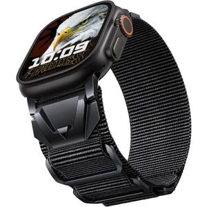 SUNFWR 3-Ring Military Nylon Apple Watch Band Compatible with Ultra/Ultra 2/Series 10-1/SE 49mm 46mm 45mm 44mm 42mm, Tactical Adjustable Velcro Strap for Men & Women, Durable Breathable Sport Bands (Black/Black)