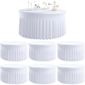 6 Pack White Round Spandex Tablecloths for 60in Tables, Wrinkle Free Stretchy 120inch Fitted 5FT Round Table Cloths Cover with Skirt for Wedding Party Dining Banquet Events