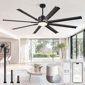 72 Inch Smart Ceiling Fan with Light and Remote via WIFI Alexa, Industrial Ceiling Fan with 8 Black Aluminum Blades, 3000-6000K Dimmable, 6 Speeds, Indoor Outdoor Ceiling Fans for Patio Living Room