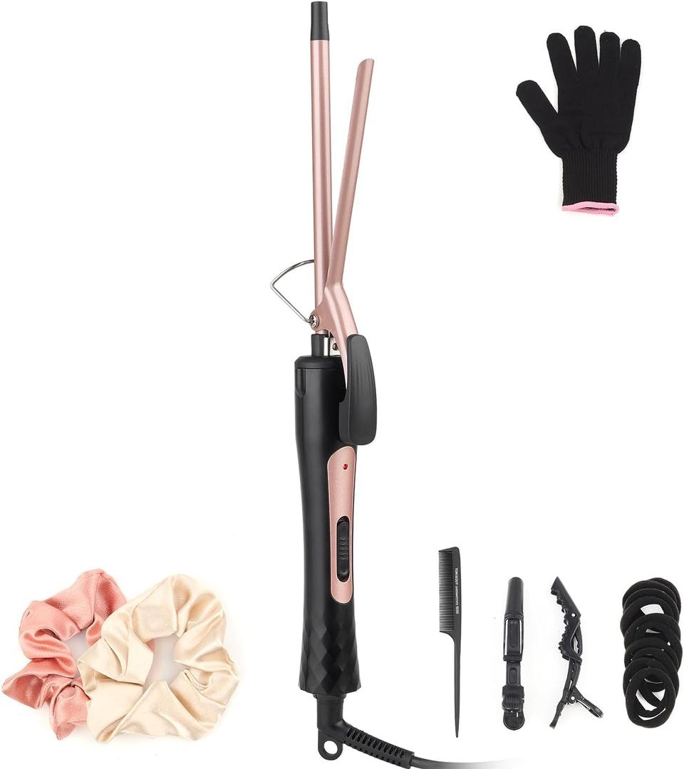 Thin Ceramic Curling Iron Wand, 3/8 Inch - Small Barrel for Short & Long Hair, 2 Temperature Settings for Tight Curls, Heat Resistant Glove Included
