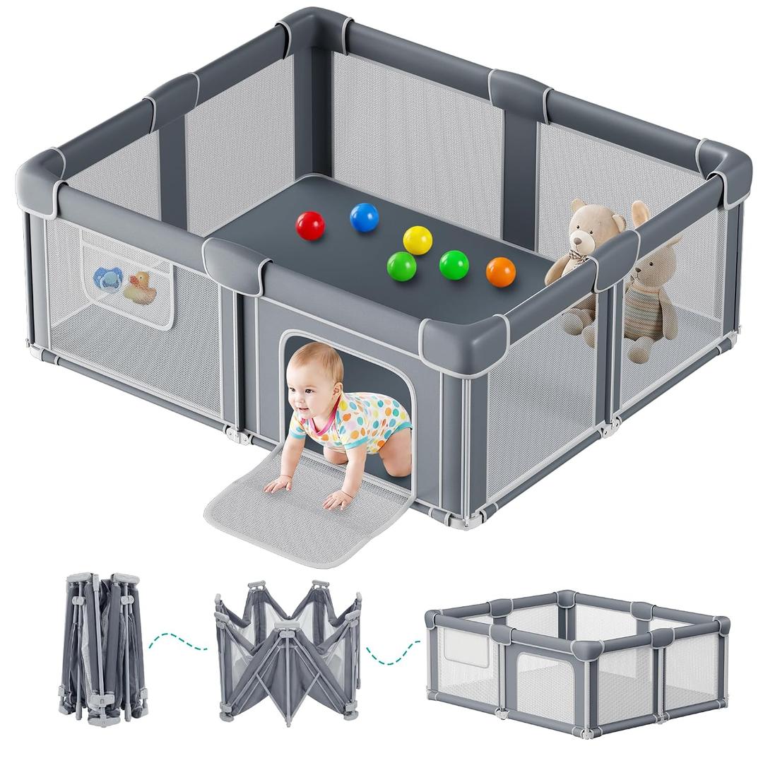 Foldable Baby Playpen with Mat, 71x59 Inches, Grey | Visible Mesh, Collapsible, Portable, Indoor/Outdoor, for Babies & Toddlers