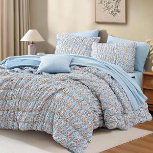 BLOOMHAVEN King Comforter Set  7 Pieces Blue Classic Puff Floral Bedding Sets for All Seasons, Shabby Chic Farmhouse Bed in a Bag King with Wildflowers Fluffy Comforter, Sheets, Pillowcases & Shams