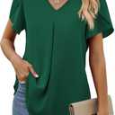 Funlingo Women's Summer Tops Short Sleeve Dressy Chiffon Blouses V Neck Work Tunic Tops Casual Loose T-Shirts (Dark Green)